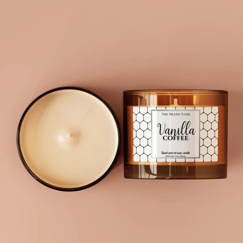 Custom candle jar label sticker with matte finish applied to glass candle jar.