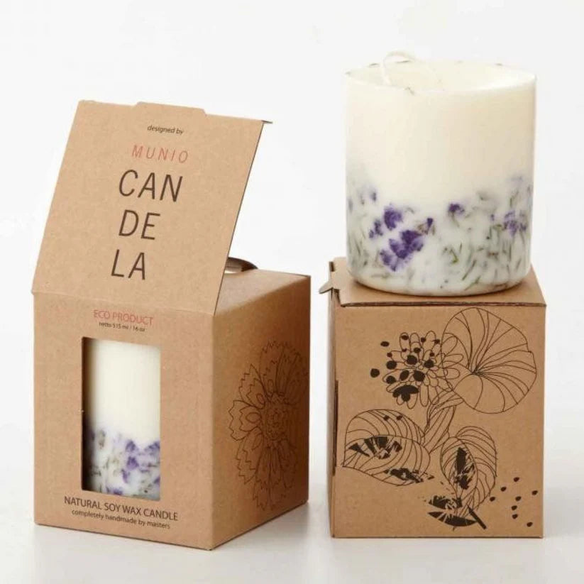 Brown kraft candle box with window cutout and custom branding for sustainable candle packaging.