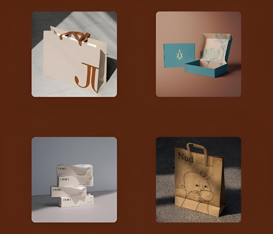 Collection of custom printed packaging boxes in different designs.