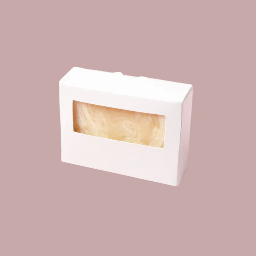 Soap packaging box with die cut window for retail display.
